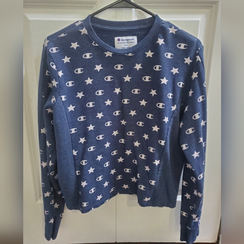 Champion Women's Navy Star And Logo Pattern Pullover Sweatshirt Size Medium